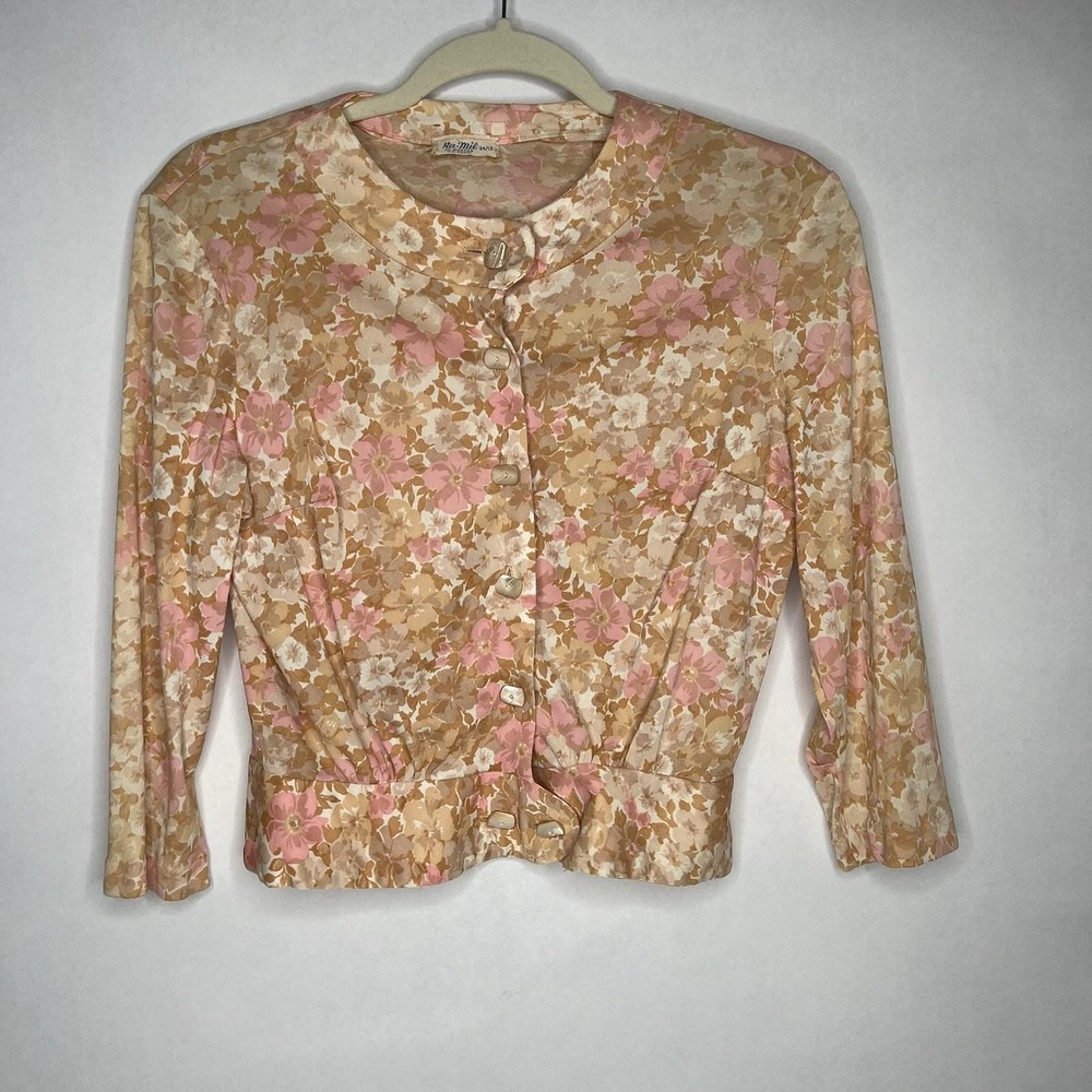 Ra-Mil of Boston‎ 1950s Floral Blouse Buttons Vintage Antique 3/4 Sleeve Retro